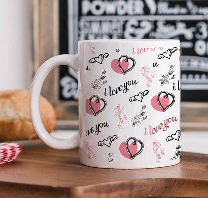 Hand Drawn Valentine Hearts and Plants pattern Mug and Coaster 330 ml Coffee Mug