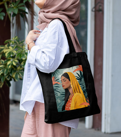 Beautiful Indian women wearing yellow saree Design Printed Black Patch With Pocket Tote Bag (14 X 16 Inches) For Shopping, College, Travel