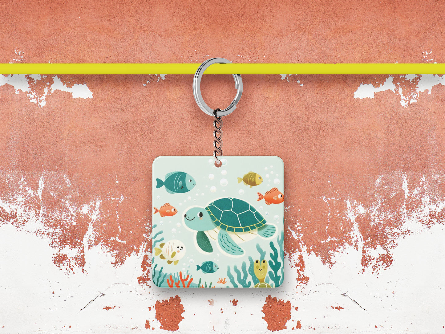 There are sea turtles swimming in the ocean with corals Nursery Painting Printed Square Shape Wooden Keyring with Chain