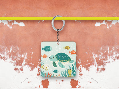 There are sea turtles swimming in the ocean with corals Nursery Painting Printed Square Shape Wooden Keyring with Chain