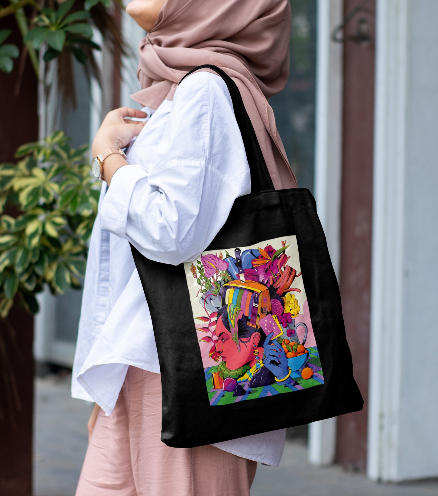 Modern illustration Art Design Printed Black Patch With Pocket Tote Bag (14 X 16 Inches) For Shopping, College, Travel