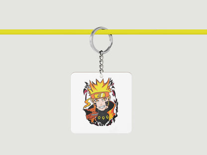 Artistic Impression Naruto Uzumaki Printed Square Shape Wooden Keyring with Chain