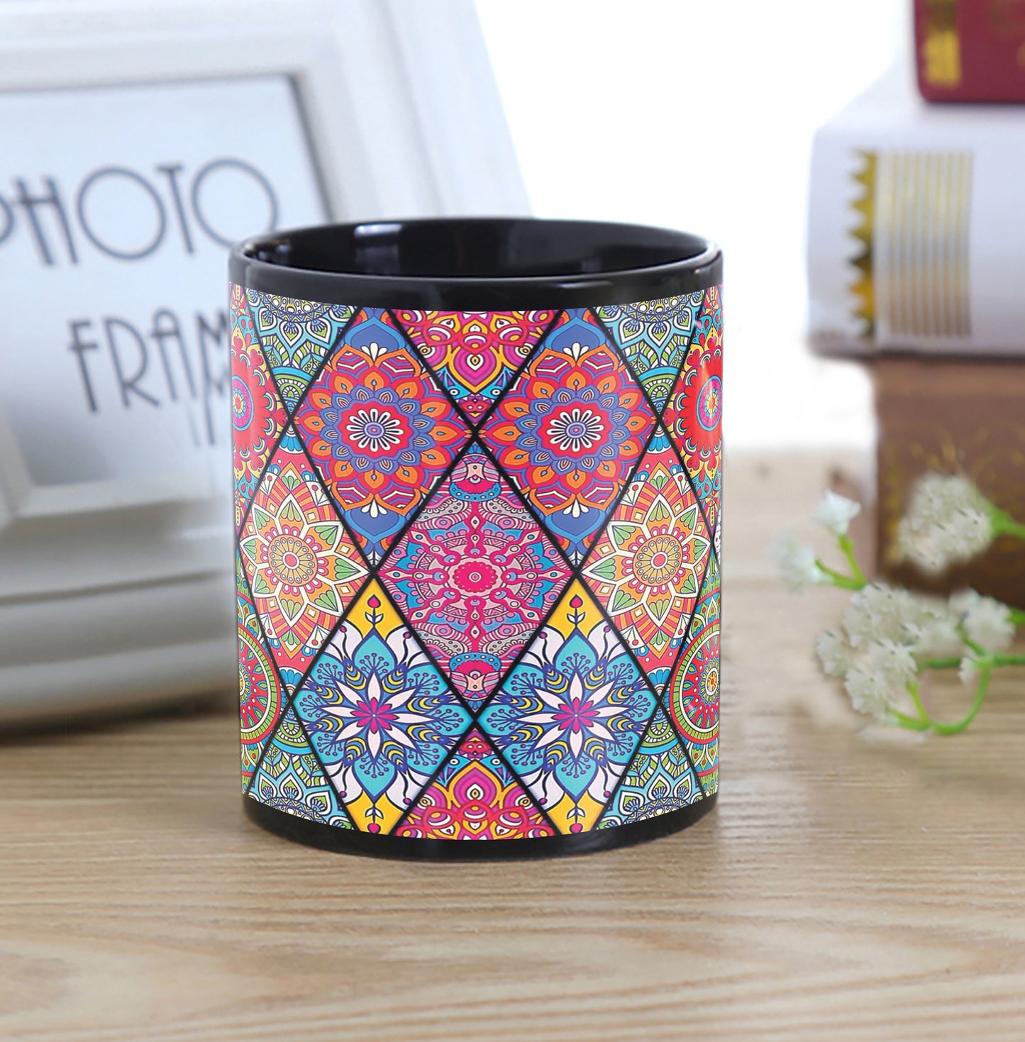 Colorful Floral Seamless Pattern Combo Mugs and Coaster(Set of 2 Mugs and 2 coasters) 330 ml Full Black Coffee Mug
