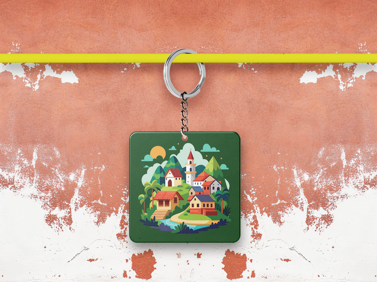 A Cartoon Illustration of a Fantasy Landscape with a Waterfall a Castle and a Mountain Printed Square Shape Wooden Keyring with Chain