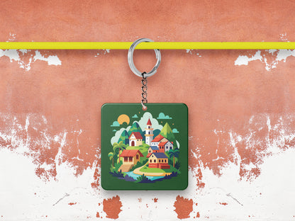 A Cartoon Illustration of a Fantasy Landscape with a Waterfall a Castle and a Mountain Printed Square Shape Wooden Keyring with Chain