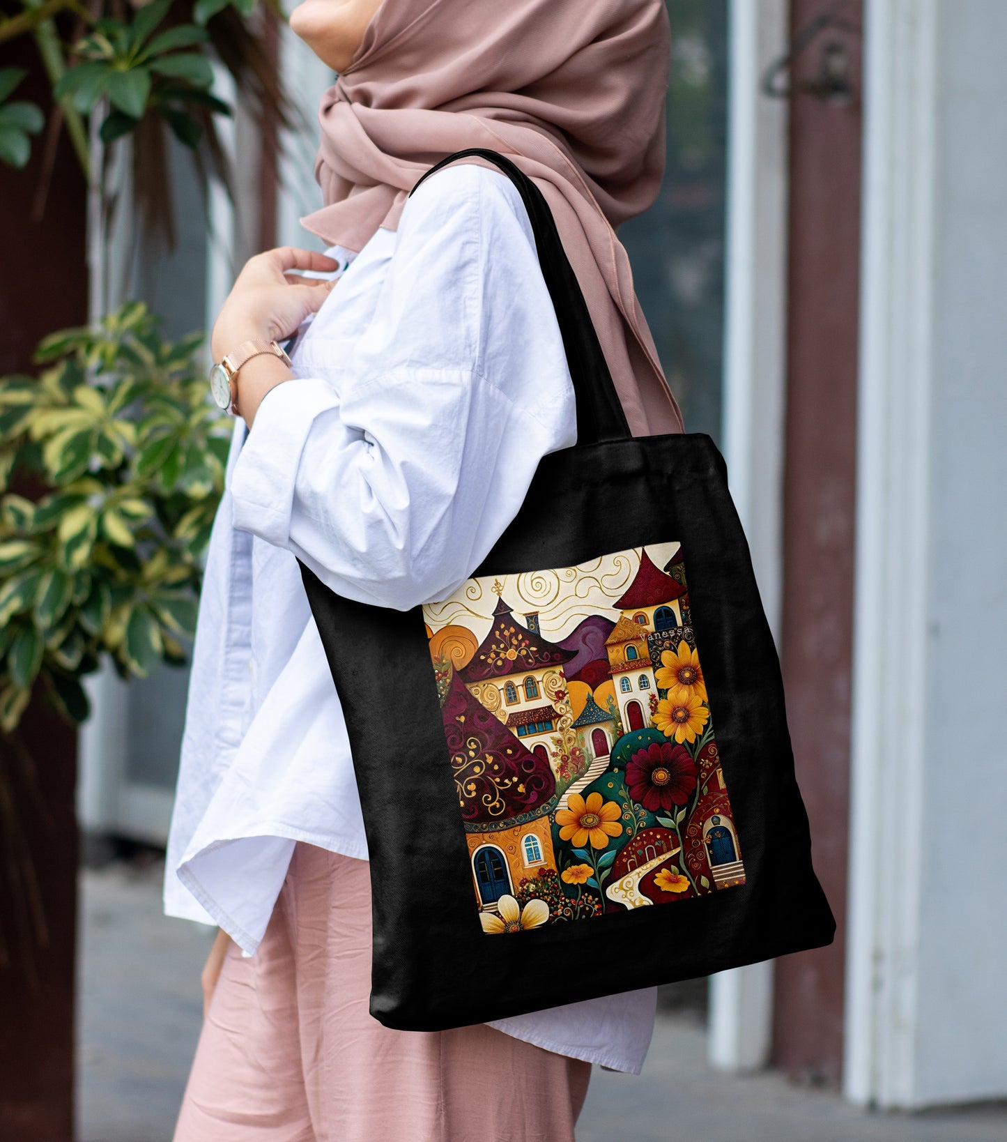 France city Art Design Printed Black Patch With Pocket Tote Bag (14 X 16 Inches) For Shopping, College, Travel