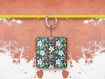 Rainbow and heart Floral Pattern Printed 330 ml White Coffee Mug with Square Shape Wooden Keyring and Chain