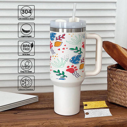 Hand drawn abstract element pattern Printed 850ML with Lid Leak Proof Big Travel Tumbler with Handle and Straw
