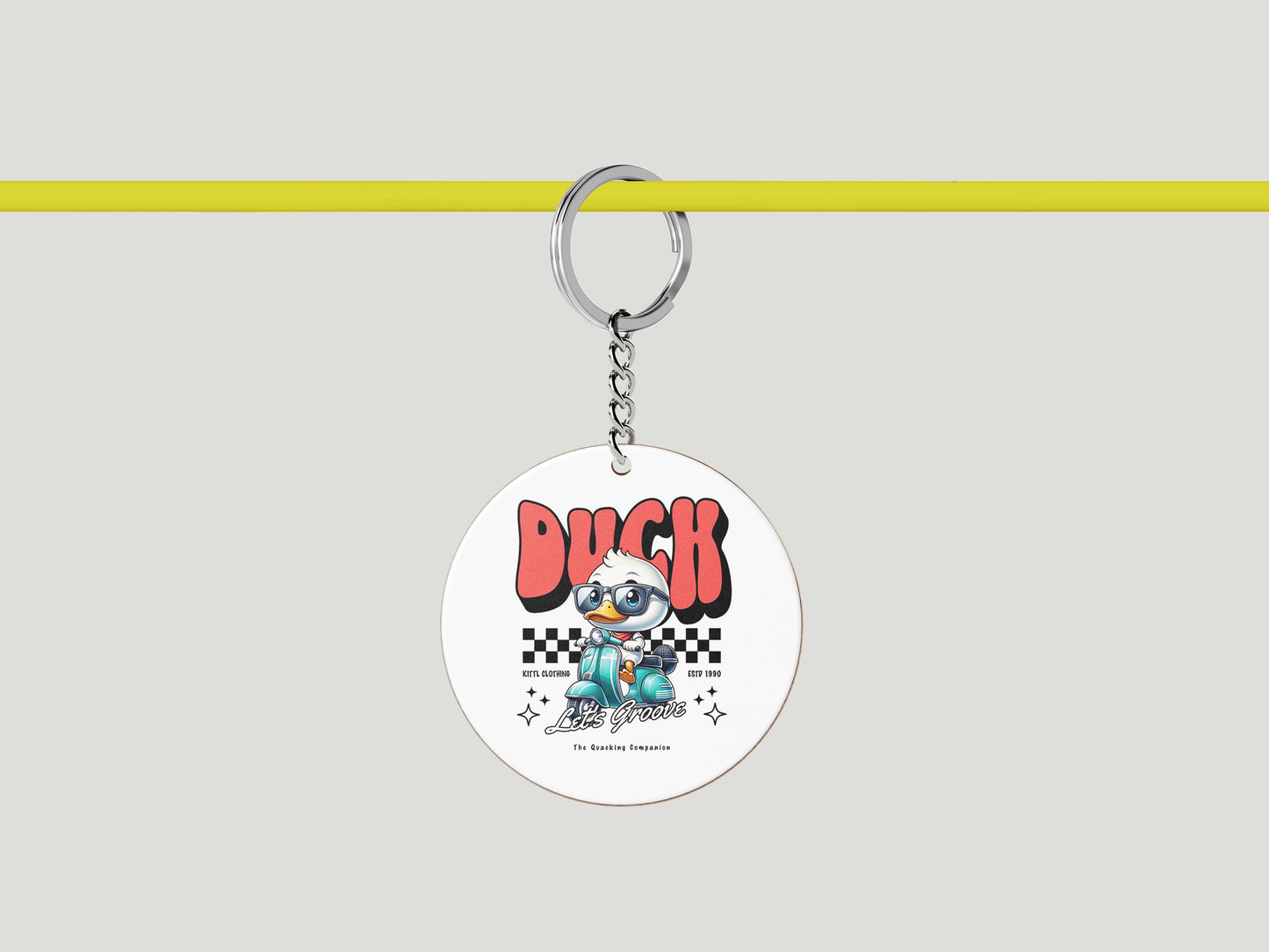 Duck - Lets Groove Design Printed Circle Shape Wooden Keyring with Chain