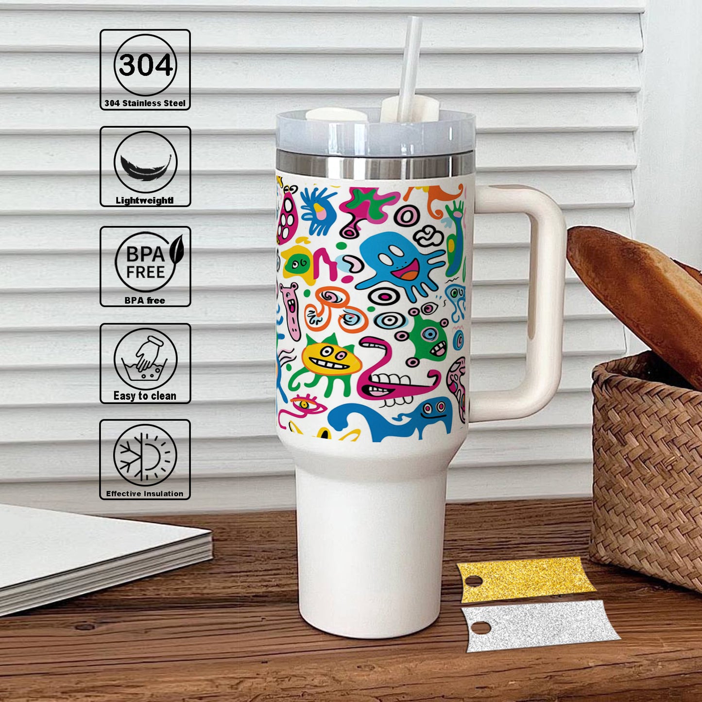 A colorful doodle art with many different colored monsters Printed 850ML with Lid Leak Proof Big Travel Tumbler with Handle and Straw