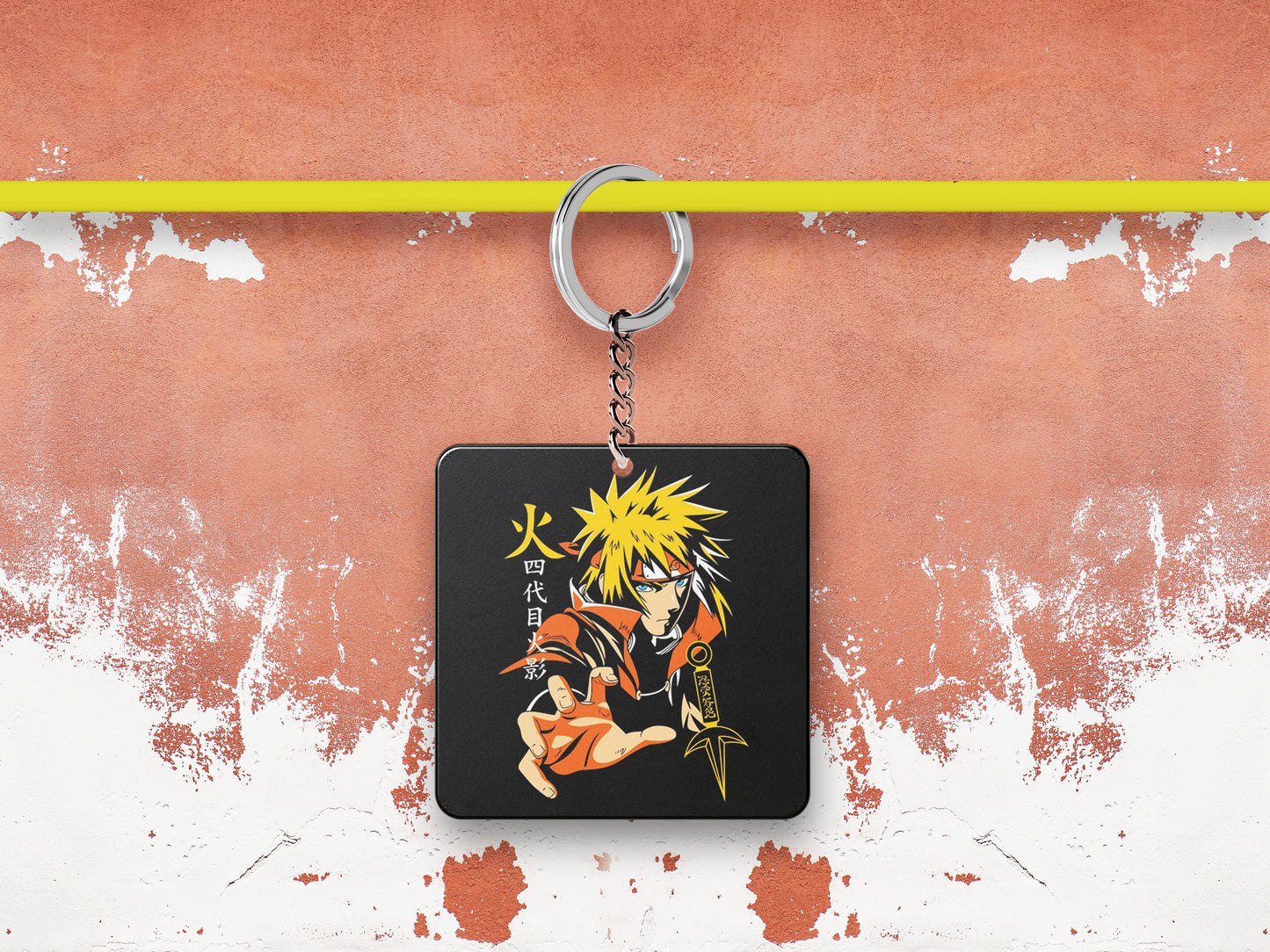 Namikaze Minato Yellow Flash design Printed Square Shape Wooden Keyring with Chain