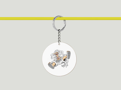 Gear 5 Luffy from One Piece Printed Circle Shape Wooden Keyring with Chain