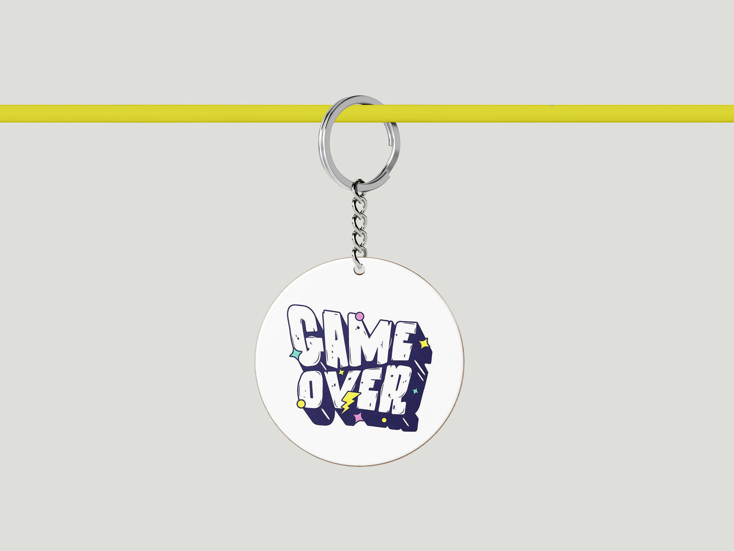Game Over Digital Graphic Design Printed Circle Shape Wooden Keyring with Chain