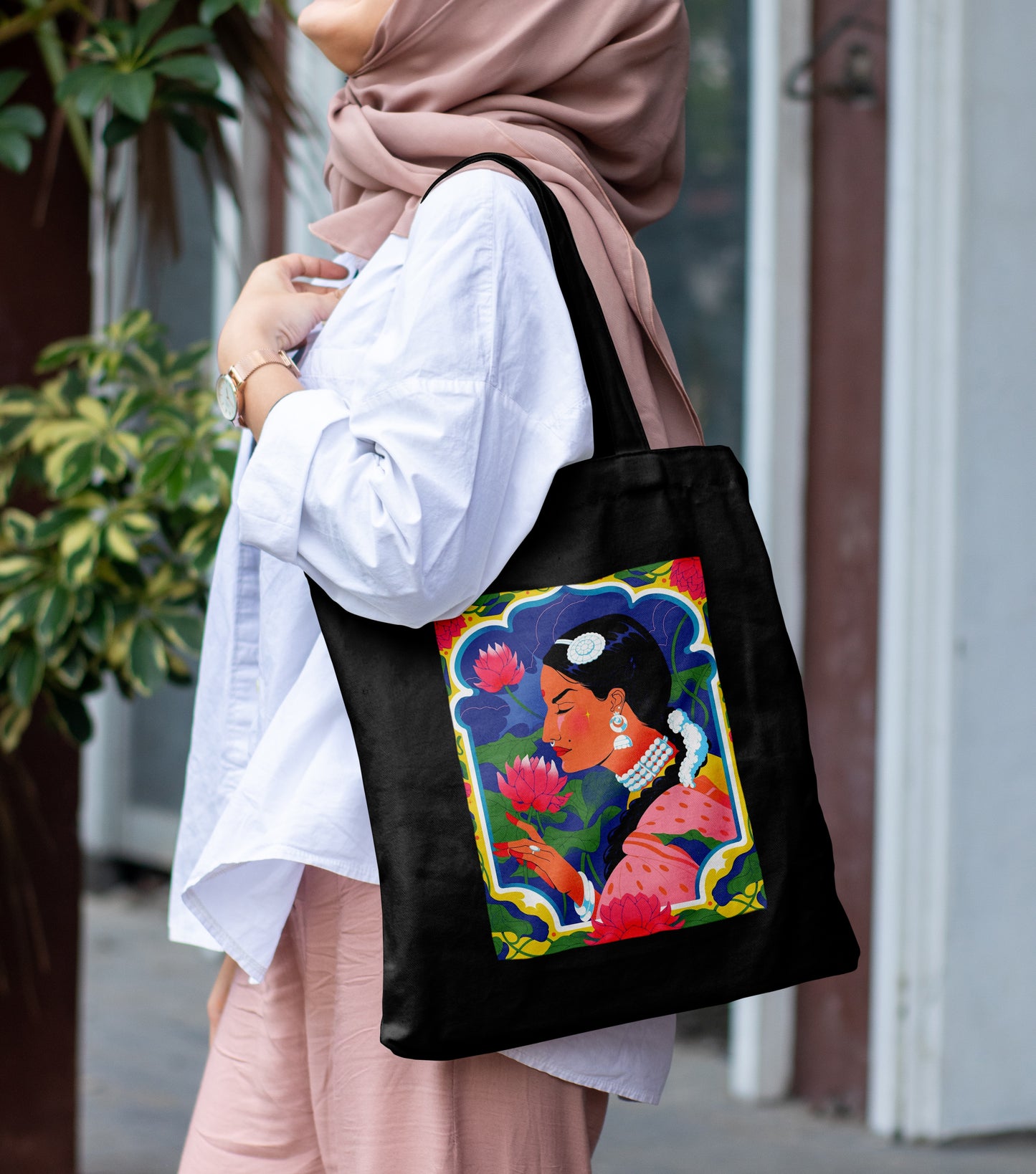 Beautiful woman illustration Design Printed Black Patch With Pocket Tote Bag (14 X 16 Inches) For Shopping, College, Travel