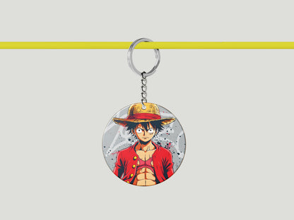 Tableau One Piece - Luffy Portrait - Decoration Morale Design Printed Circle Shape Wooden Keyring with Chain