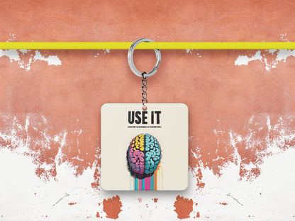 Vibrant Dual Hemisphere Brain Art Motivational Printed Square Shape Wooden Keyring with Chain