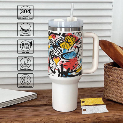 A colorful painting of a man with a yellow hat Printed 850ML with Lid Leak Proof Big Travel Tumbler with Handle and Straw