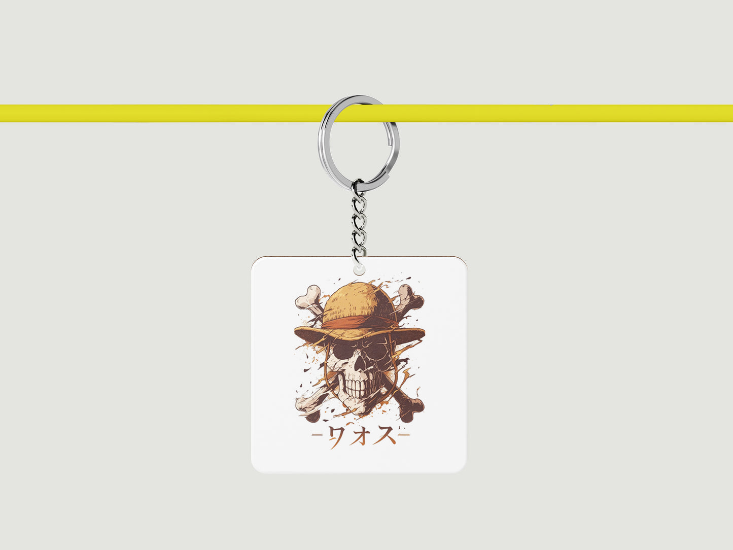Skull straw hat One Piece Printed Square Shape Wooden Keyring with Chain