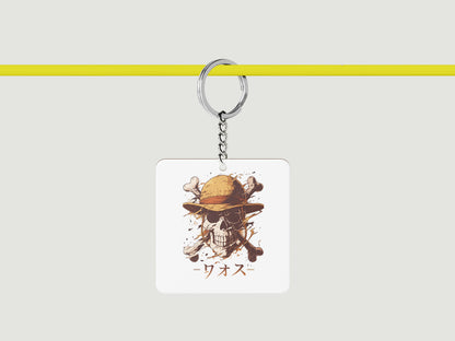 Skull straw hat One Piece Printed Square Shape Wooden Keyring with Chain