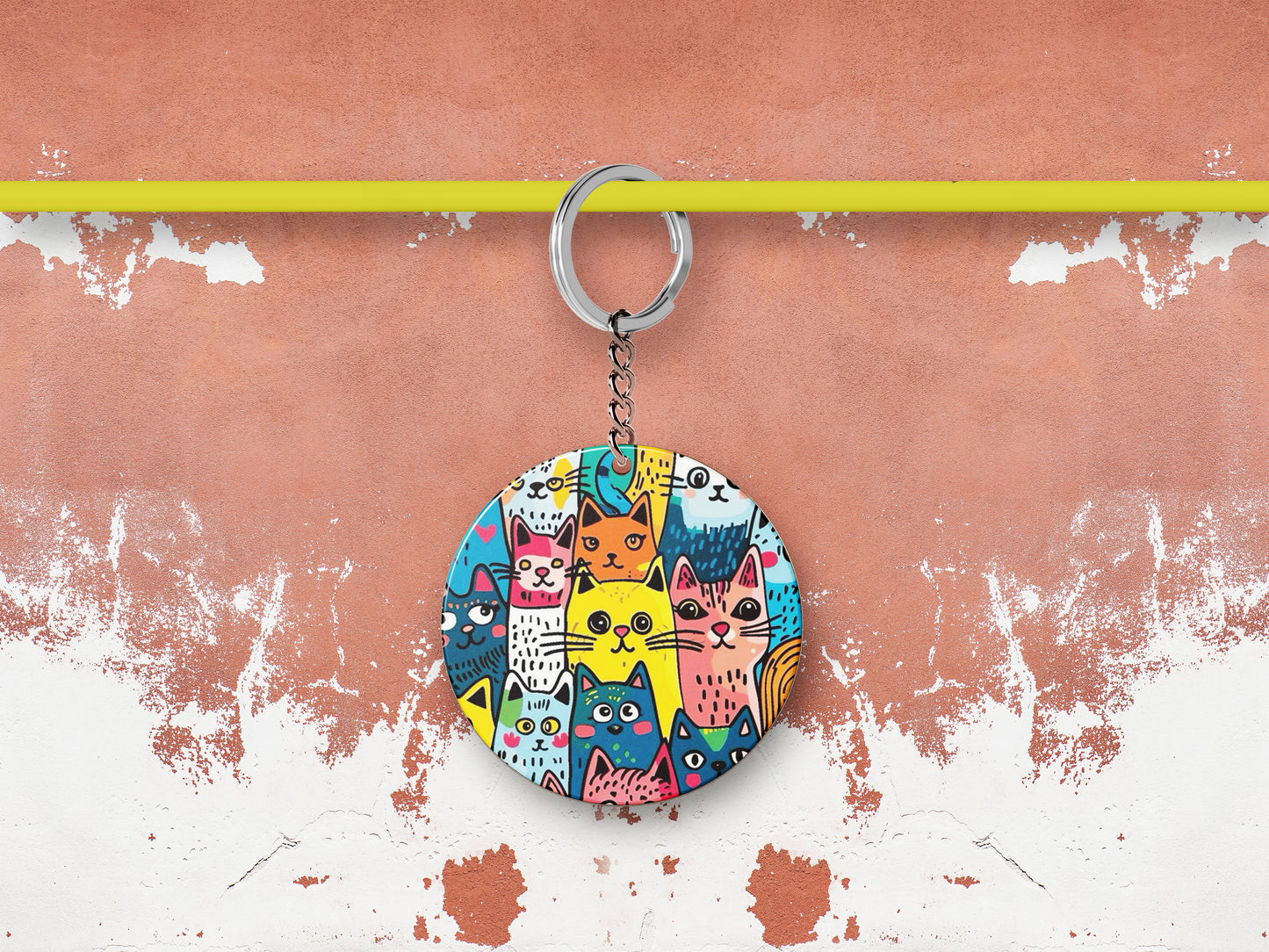 Colorful cat doodle art Printed Round Circle Shape Wooden Keyring with Chain