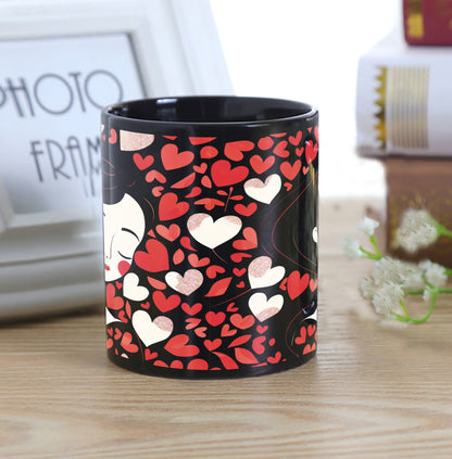 Woman and Hearts Vector Art Pattern Combo Mugs and Coaster(Set of 2 Mugs and 2 coasters) 330 ml Full Black Coffee Mug