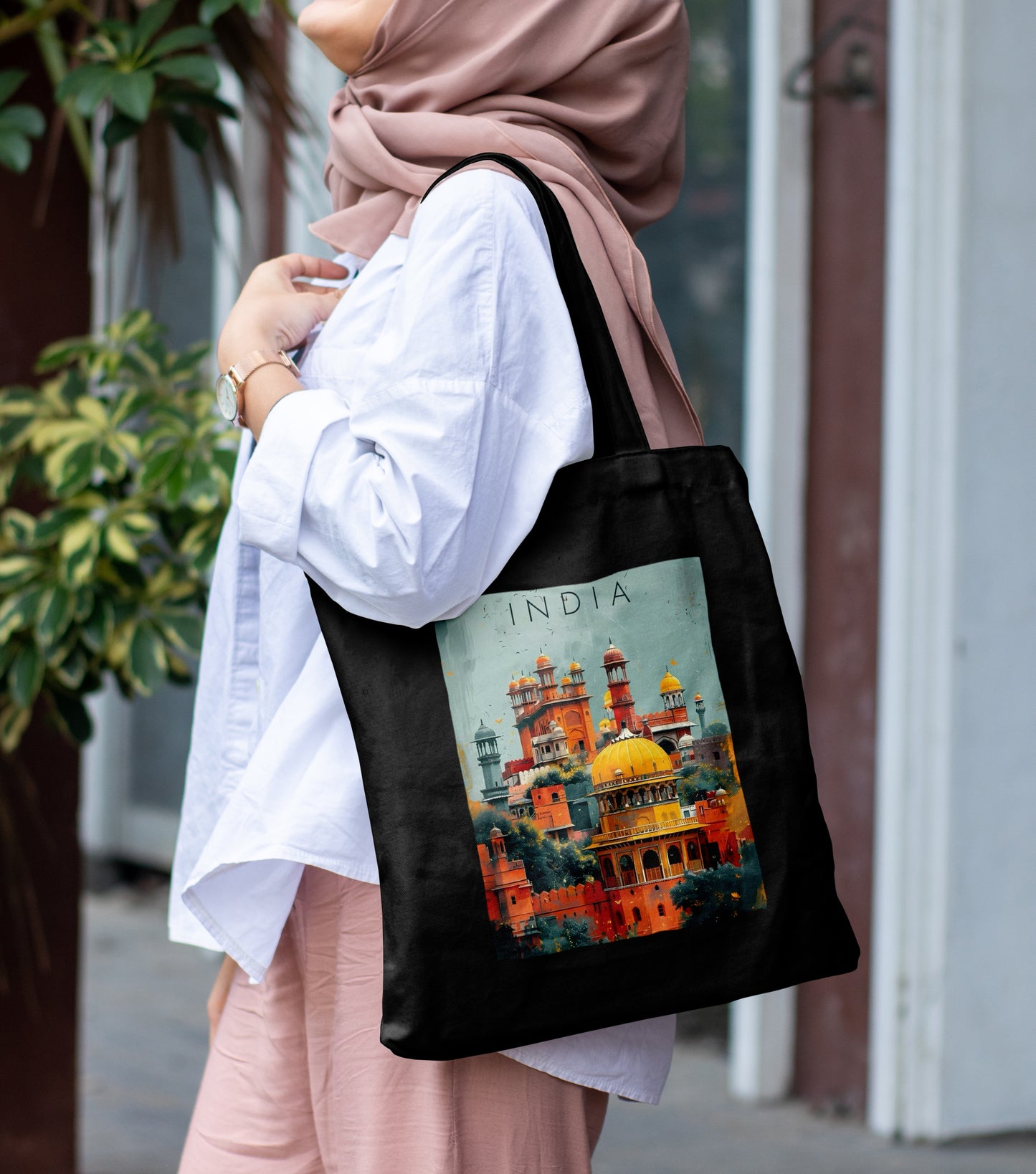 Indian Fort Vector Design Printed Black Patch With Pocket Tote Bag (14 X 16 Inches) For Shopping, College, Travel