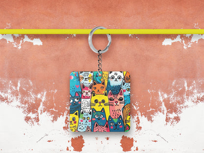 Colorful cat doodle art Printed Square Shape Wooden Keyring with Chain