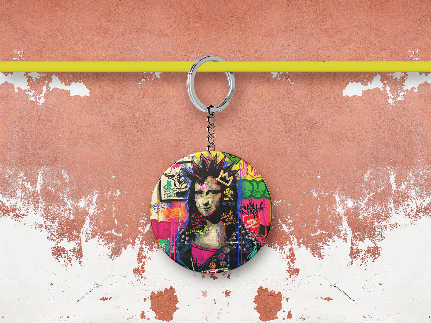 Mona Lisa pop Artwork Printed Round Circle Shape Wooden Keyring with Chain