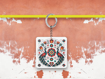 Pennsylvania Folk Art Pattern Printed 330 ml White Coffee Mug with Square Shape Wooden Keyring and Chain