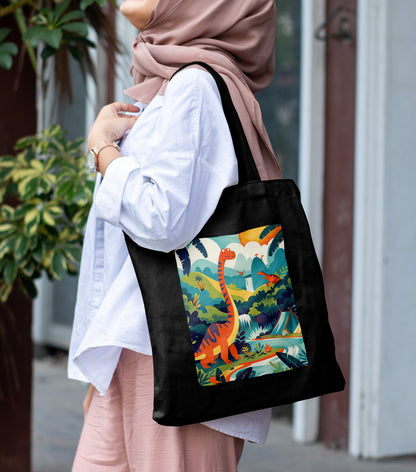Dinosaur in a jungle vector Art Design Printed Black Patch With Pocket Tote Bag (14 X 16 Inches) For Shopping, College, Travel