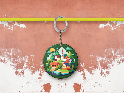 A Cartoon Illustration of a Fantasy Landscape with a Waterfall a Castle and a Mountain Printed Round Circle Shape Wooden Keyring with Chain