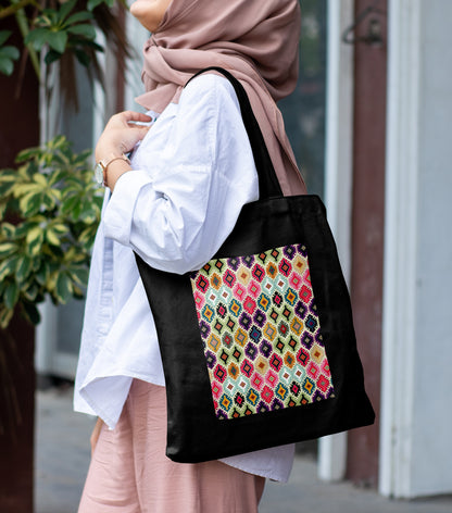 Abstract seamless pattern Design Printed Black Patch With Pocket Tote Bag (14 X 16 Inches) For Shopping, College, Travel