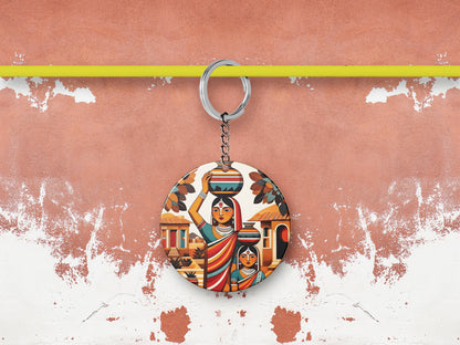 Village Woman royalty illustration Printed Round Circle Shape Wooden Keyring with Chain