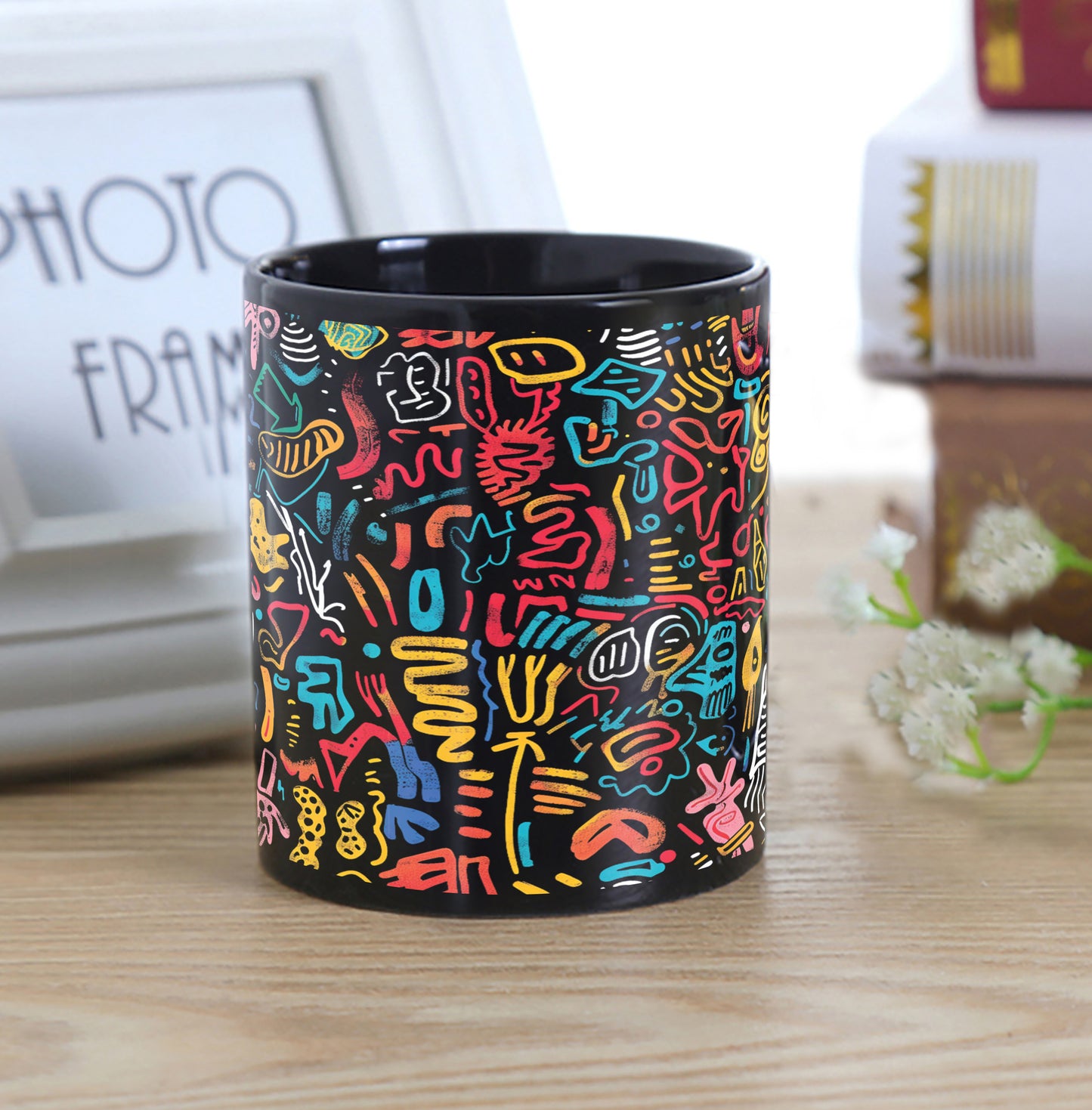 Colorful Word Pattern Art Combo Mugs and Coaster(Set of 2 Mugs and 2 coasters) 330 ml Full Black Coffee Mug