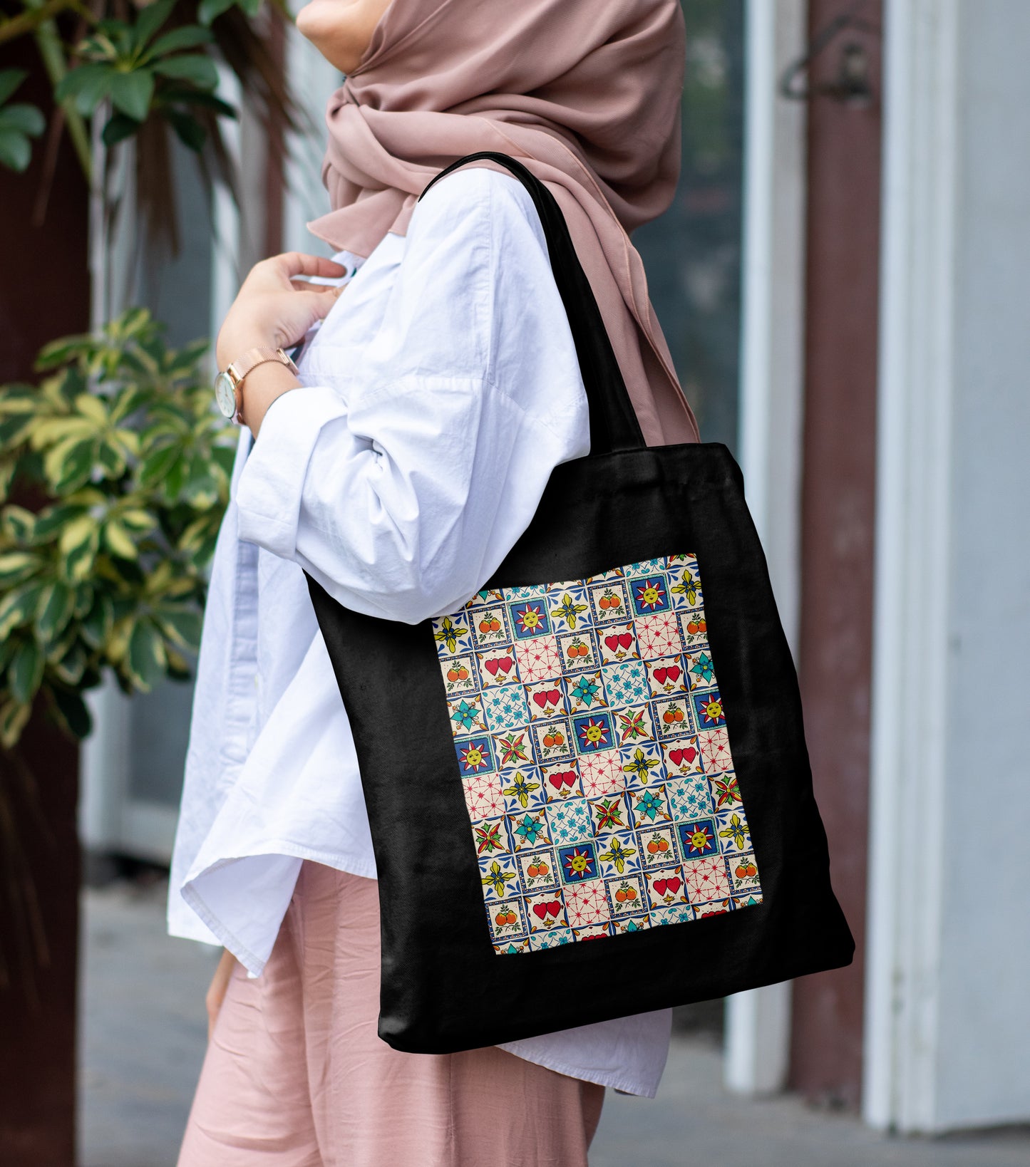 Colorful tile hearts and flowers Design Printed Black Patch With Pocket Tote Bag (14 X 16 Inches) For Shopping, College, Travel