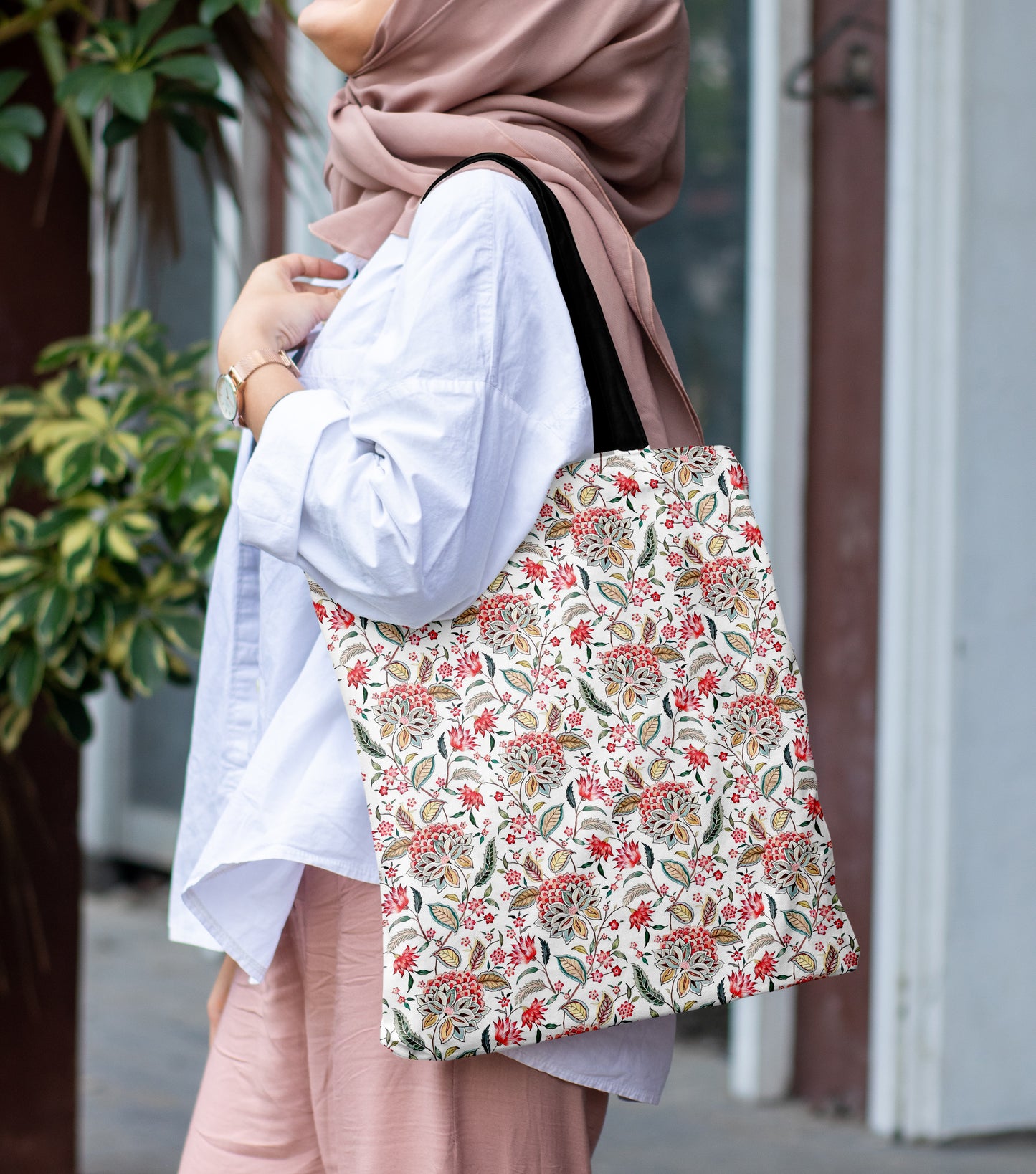 Beautiful Floral Printed Black Handle Tote Bag (14 X 16 Inches) For Shopping, College, Travel