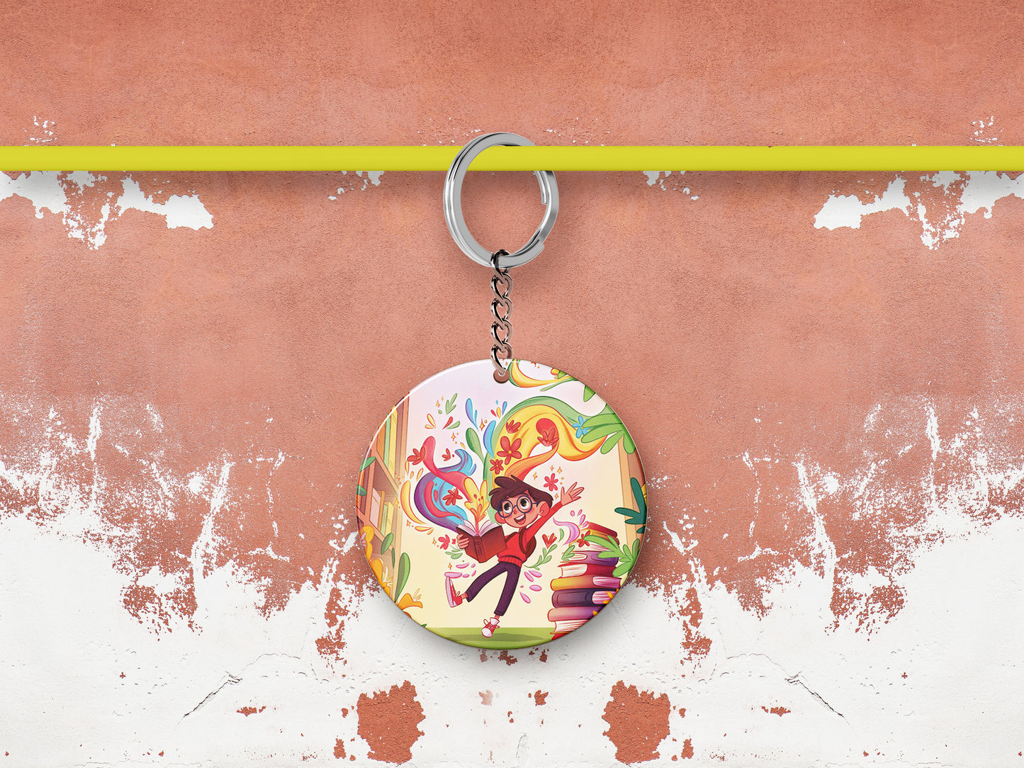 Colorful School Library Books Printed Round Circle Shape Wooden Keyring with Chain
