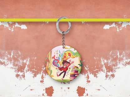 Colorful School Library Books Printed Round Circle Shape Wooden Keyring with Chain