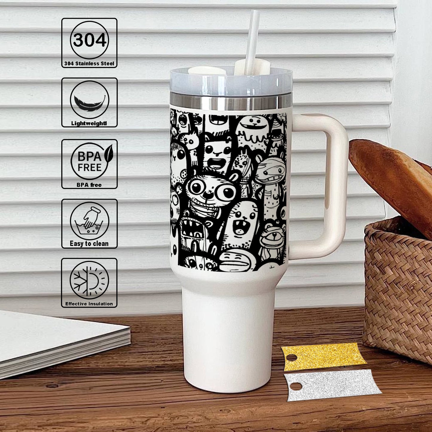 Complex Intricate Doodle Art Covering an Entire Page with Abstract and Whimsical Elements Printed 850ML with Lid Leak Proof  Big Travel Tumbler with Handle and Straw