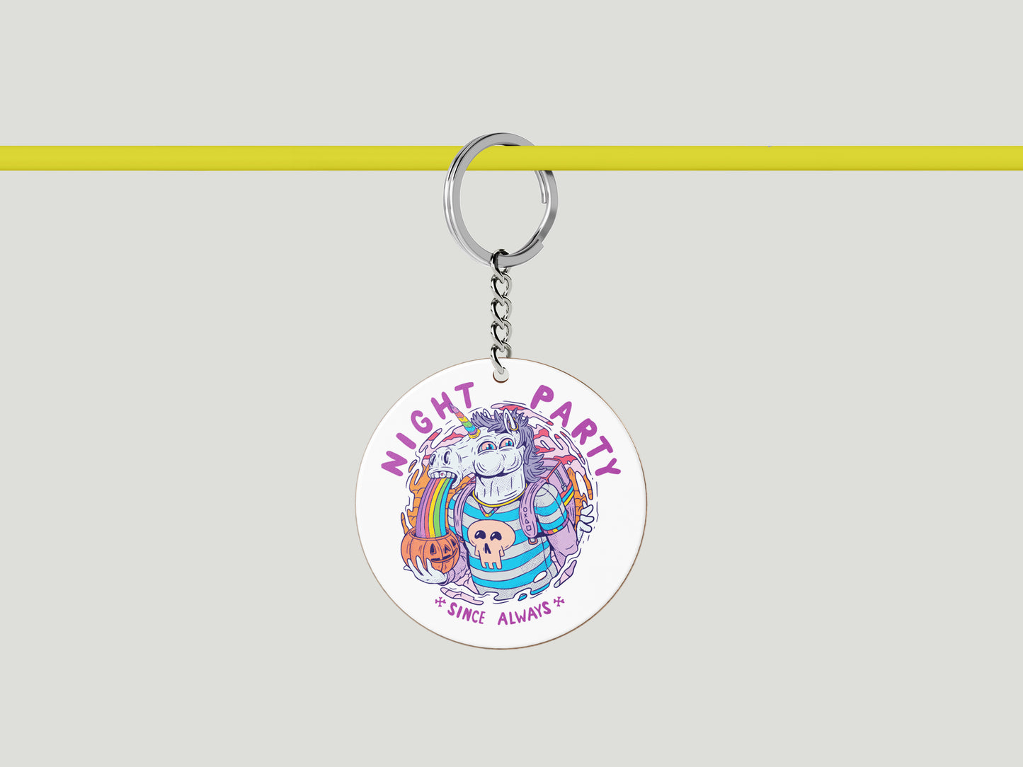Creative and colorful creature illustration Design Printed Circle Shape Wooden Keyring with Chain