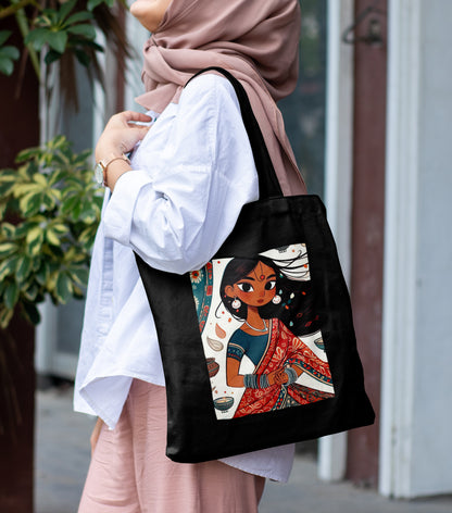 Young indian girl cartoon Design Printed Black Patch With Pocket Tote Bag (14 X 16 Inches) For Shopping, College, Travel