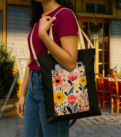 Flower Black Patch 1 Printed Women's Girls Cross Body Sling Bag with Extra Front Pocket, College Bag for Girls, Tote Bag for Shopping,Travel