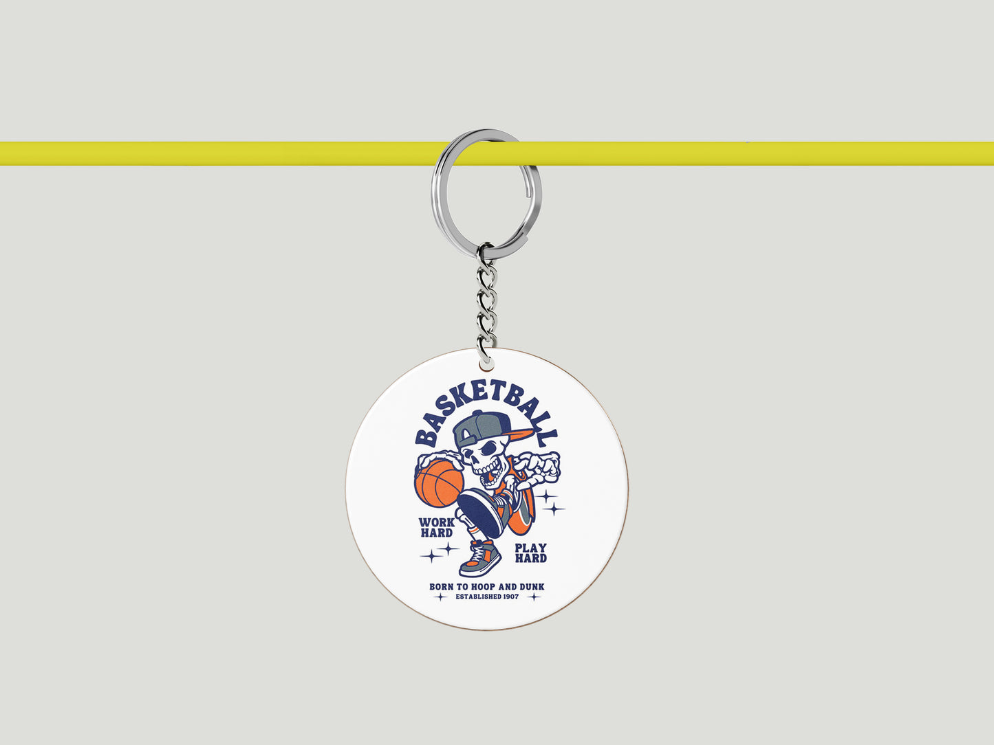 Basketball Skeleton Playing Basketball Halloween Printed Circle Shape Wooden Keyring with Chain