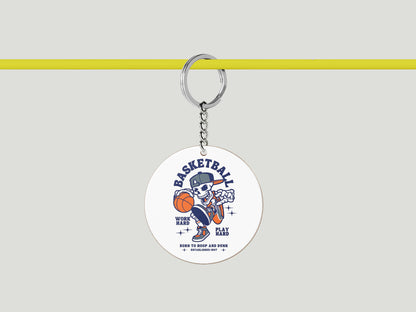 Basketball Skeleton Playing Basketball Halloween Printed Circle Shape Wooden Keyring with Chain