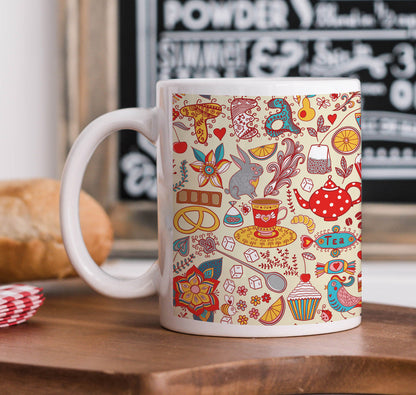 Tea and sweets seamless doodle pattern Combo Mugs and Coaster(Set of 2 Mugs and 2 coasters) 330 ml Coffee Mug