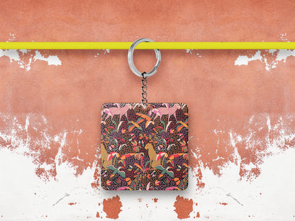 Cheetah and Flower Pattern Printed 330 ml White Coffee Mug with Square Shape Wooden Keyring and Chain