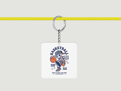Basketball Skeleton Playing Basketball Halloween Printed Square Shape Wooden Keyring with Chain