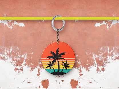 Sunset palm tree vintage vector illustration Printed Round Circle Shape Wooden Keyring with Chain