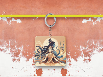 Maha Shivratri Lord Shiva Artwork, Mahadev illustration Printed Square Shape Wooden Keyring with Chain