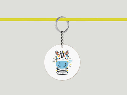 Happy Zebra Printed Circle Shape Wooden Keyring with Chain